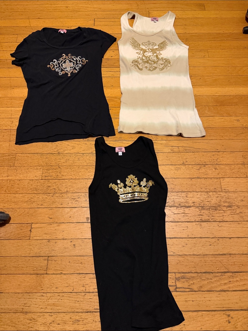 Womens Graphic Tanks and t shirt with bling - Black, cream/beige size Large